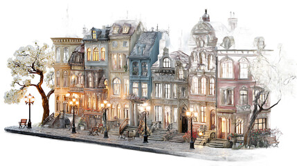 Miniature European Street Scene with Illuminated Buildings and Trees