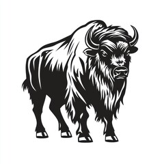 Obraz premium Bold black and white illustration of a bison. Mature, powerful animal with shaggy fur, large horns, and a determined stance. Strong, stylized graphic design