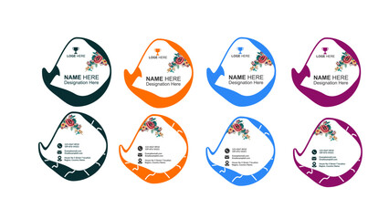A unique type of business card, designed in four colors with a curved stroke behind a white background. An editable AI file is included.