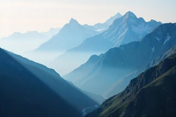 Fototapeta premium Misty mountain peaks shrouded in a veil of smoke, creating an ethereal and mysterious landscape Sunlight filters through the haze, illuminating the rugged terrain , perspective, high altitude, rural
