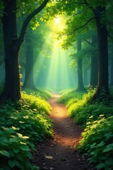 Fototapeta premium Sun-dappled path meanders through a lush, green forest, sunlight filtering through leaves creating a magical atmosphere Perfect for travel, nature, or fantasy themes , ecosystem, pathway, journey