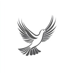 Obraz premium Stylized dove in flight, outlined in dark gray against a white background. The dove's wings are outstretched, and its body is elegantly depicted. Feather details are visible