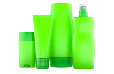 Eco-friendly blank green cosmetic bottles and tubes. Minimalist design for natural and organic beauty products, perfect for mockups, 3D rendering isolated on transparent background