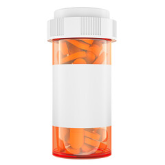 Prescription pill bottle filled with pills with blank white label. 3D rendering isolated on transparent background