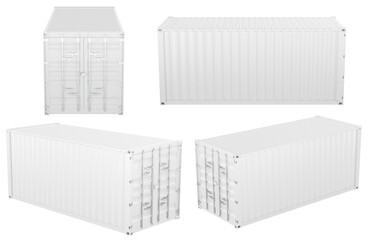 White cargo shipping containers from different angles. Blank surface for design, template or branding. 3D rendering isolated on transparent background