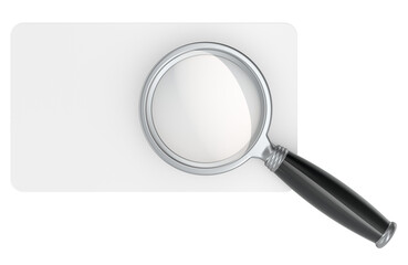 Magnifying glass on blank card, top view. 3D rendering isolated on transparent background