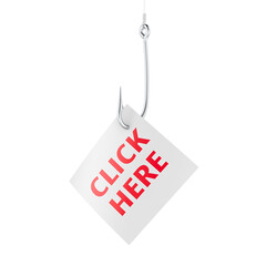 Fishing hook with Click Here sign on fishing hook, phishing concept. 3D rendering isolated on transparent background