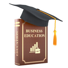 Business education book with graduation cap,  3D rendering isolated on transparent background