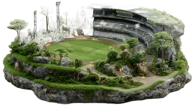 Miniature Stadium Surrounded by Lush Greenery and Forest