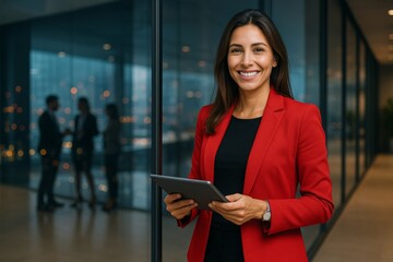 Poised Professional: An elegant woman stands in a modern corporate setting, confidently holding a digital tablet, embodying success and approachability.
