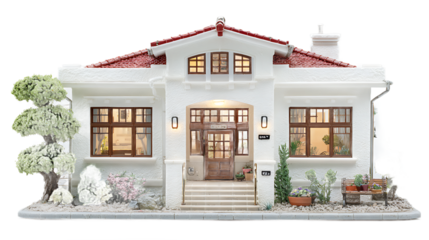 Miniature White House with Red Roof and Landscaped Garden