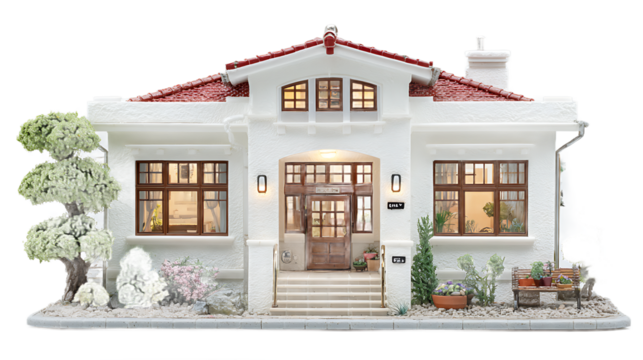 Miniature White House with Red Roof and Landscaped Garden