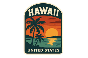 A vintage travel poster or sticker featuring the United States, specifically a Hawaiian sunset and palm trees