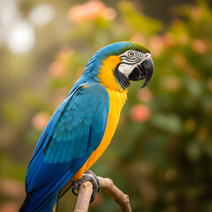 A vibrant blue and yellow macaw perches on a branch, its striking plumage vivid against a soft, sun-dappled green and orange background