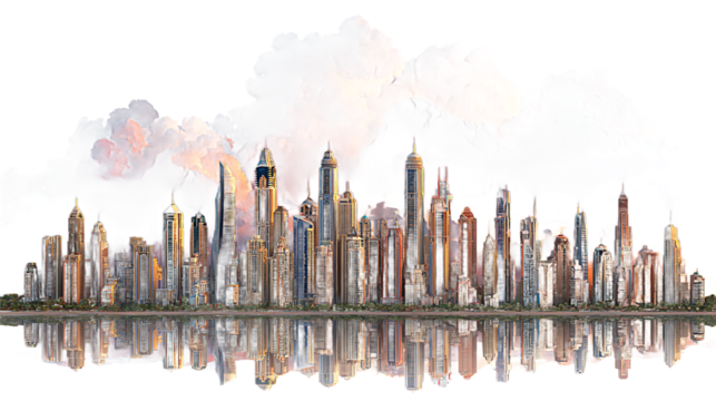Modern City Skyline with Reflections and Cloudy Sky Illustration