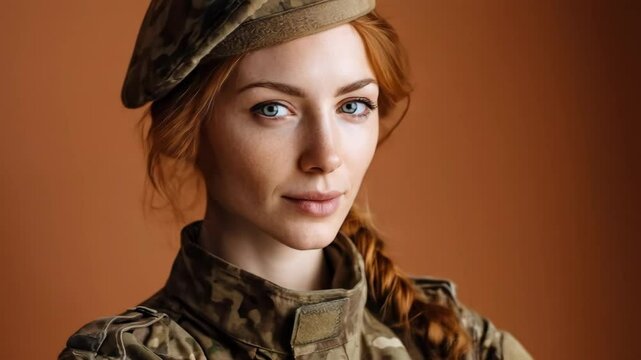 Close-up portrait of red-haired woman in multicam military uniform on bright orange background. Strong and confident look.

