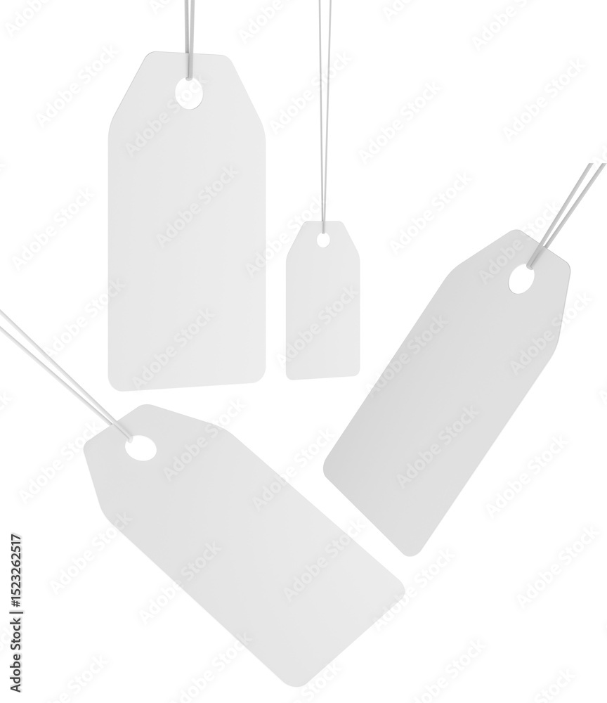 Poster set of blank white price tags with strings, in various sizes and angles. 3d rendering isolated on tr