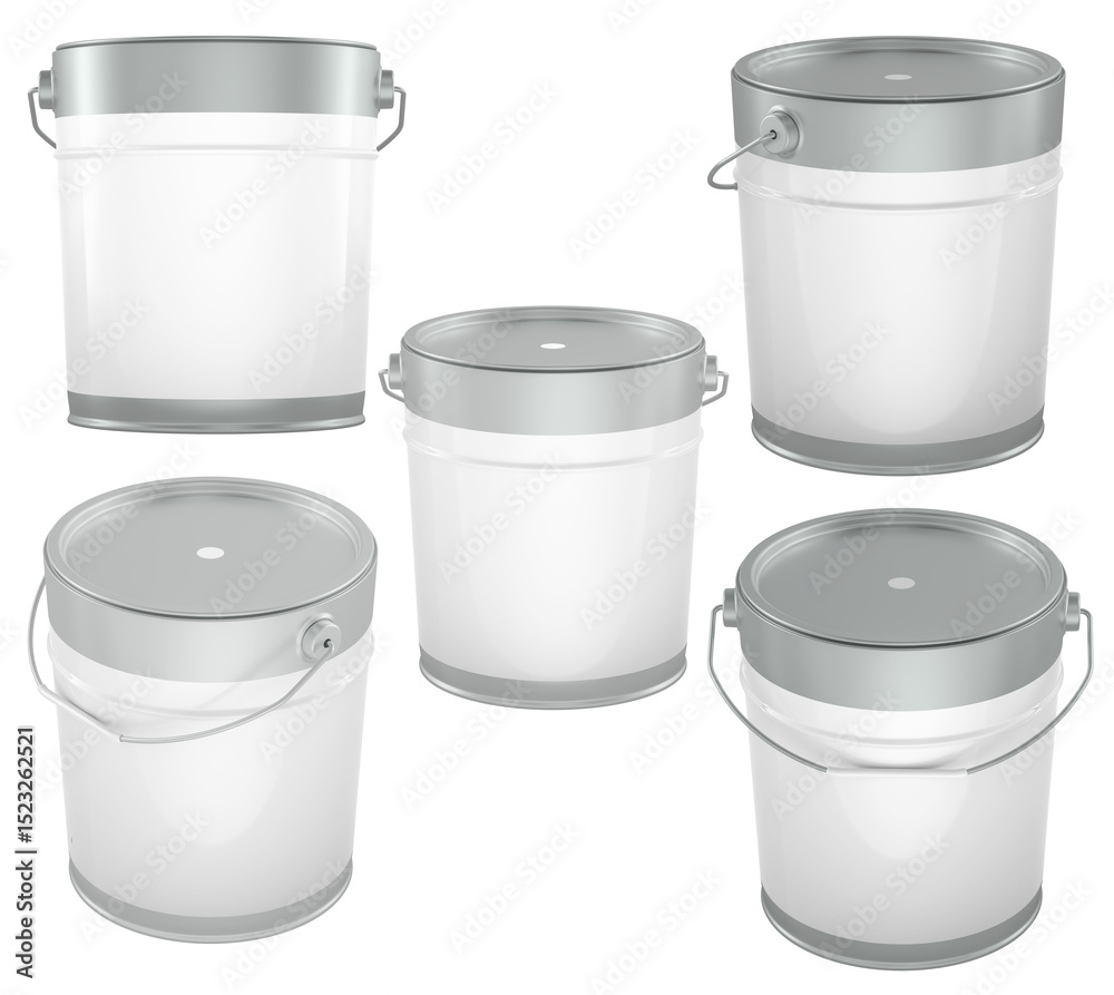 Poster collection of metal paint buckets blank template with handles and lids in different angles. 3d rende