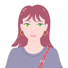 Beautiful stylish girl with green eyes wearing a grey t-shirt holding a shoulder bag purse flat design portrait isolated vector illustration