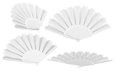 Set of blank white folding hand fans, for mockup or template use. 3D rendering isolated on transparent background
