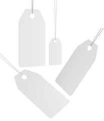 Set of blank white price tags with strings, in various sizes and angles. 3D rendering isolated on transparent background