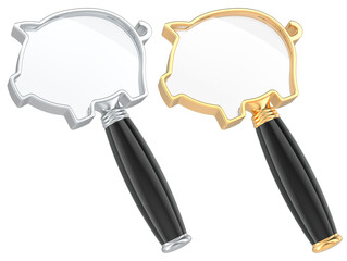 Piggy bank shaped magnifying glasses, gold and silver, 3D rendering isolated on transparent background