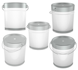 Collection of metal paint buckets blank template with handles and lids in different angles. 3D rendering isolated on transparent background