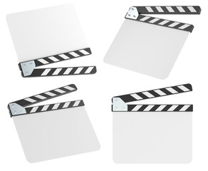 Movie clapperboards, blank white, different angles. 3D rendering isolated on transparent background