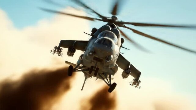 Military attack helicopter flying low over desert, kicking up dust and smoke cloud. Dynamic and powerful shot.

