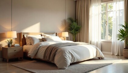 A serene and calming bedroom, designed for relaxation and comfort Soft lighting, plush bedding, and subtle d?cor create a peaceful atmosphere Ideal for a restful retreat , private space, home, mother