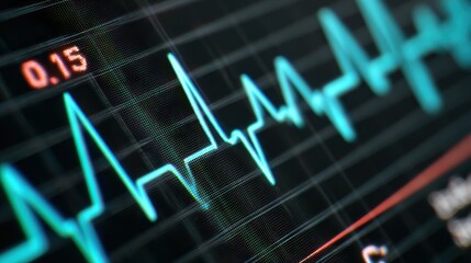 A realistic heart rate monitor screen showing vital signs, sharp close up of the ECG wave on black background