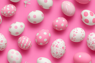 Obraz premium Pattern of pink and white Easter eggs over pink background