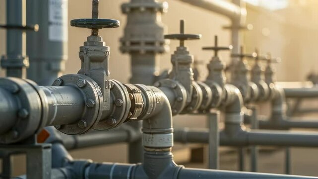 Industrial pipeline system with multiple valves for fluid control in a factory setting at sunset, footage.