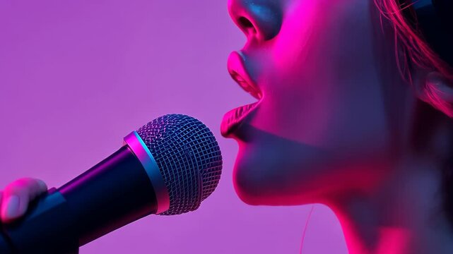 Microphone's Melody: A close-up shot captures the essence of musical expression, with a woman's lips and microphone bathed in vibrant neon hues.