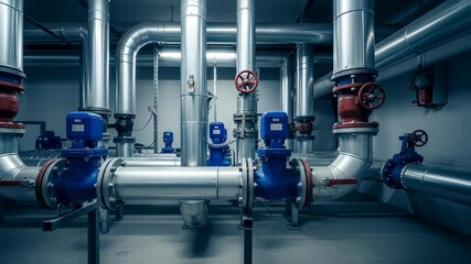Industrial pumping station, pipeline system, and many pipes, valves. Industrial factory boiler room. Heating system. - Powered by Adobe