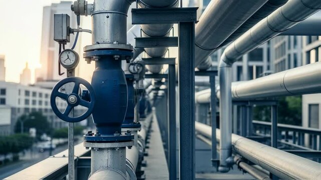 Industrial pipes with valves and pressure gauges above a city street with buildings and cars at sunset. Energy infrastructure technology footage.