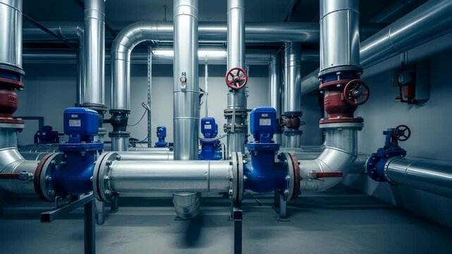 Industrial pumping station, pipeline system, and many pipes, valves. Industrial factory boiler room. Heating system.