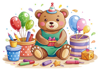Fototapeta premium Teddy Bear Birthday SVG – Watercolor Bear with Balloon Clipart for Kids’ Crafts, Cards, and Party Decor