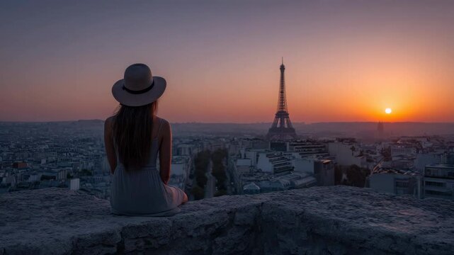 Woman enjoying Paris skyline view with Eiffel Tower at sunset for travel inspiration