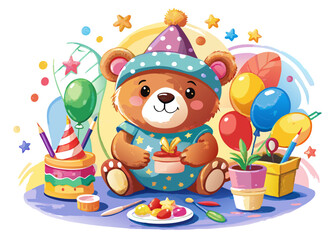 Teddy Bear Birthday SVG – Watercolor Bear with Balloon Clipart for Kids’ Crafts, Cards, and Party Decor
