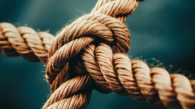 Rope Knot's Embrace: A macro perspective showcases a tightly bound rope knot, symbolising strength, connection, and enduring support, against a tranquil background.