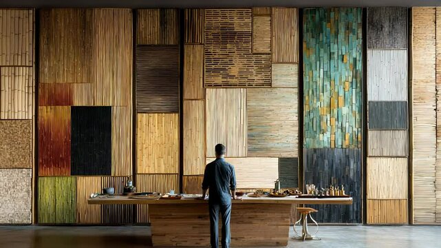 Man Standing at Wooden Countertop Facing Decorative Bamboo Wall Panels in Modern Interior Design, Artistic Display, Creative Workspace.