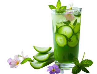 Aloe vera and mint cooler with edible flowers on white.