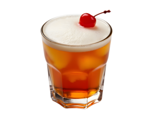 Amaretto sour with frothy top and cherry garnish on white.