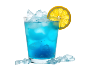 Blue lagoon with lemon wheel and crushed ice isolated on white.