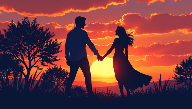 Romantic silhouette of couple holding hands at sunset