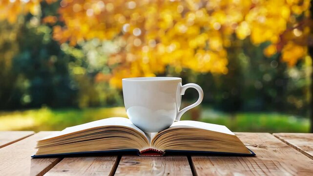 Cozy Reading Moment: A serene moment captured, featuring a white mug of coffee resting atop an open book on a rustic wooden table, all set against a blurred backdrop of autumnal foliage.