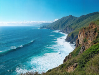 Obraz premium Summer coastal cliff view, azure ocean, crashing waves, green hills, blue sky
