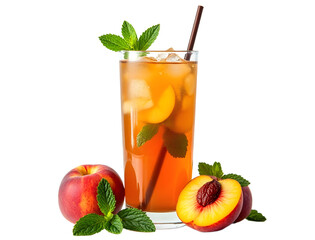 Peach iced tea with mint leaves and straw clean white background.