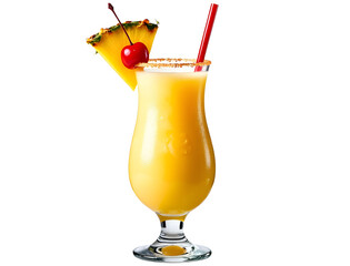 Piña colada in hurricane glass with pineapple slice and cherry white background.